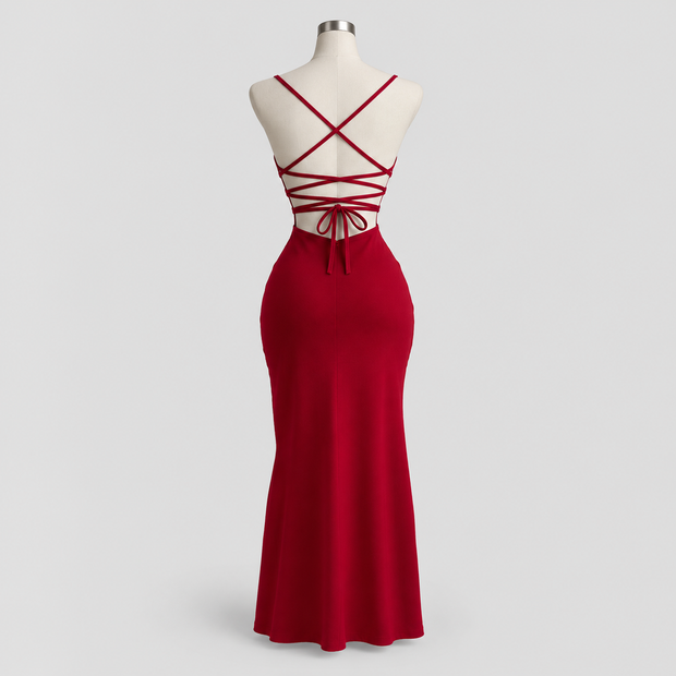 Red Black Lace-Up Elegant Dress