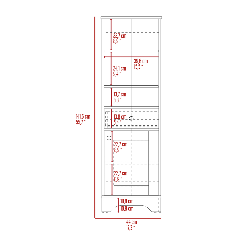 Linen Cabinet, One Drawer, One Cabinet, Multiple Shelves.