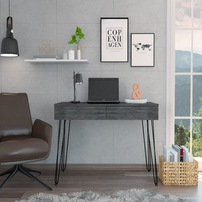 Desk with Hairpin Legs and Two Drawers, Black Wengue Finish.