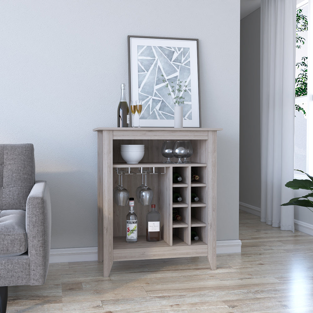 Bar Cabinet Castle, One Open Shelf, Six Wine Cubbies, Light Gray