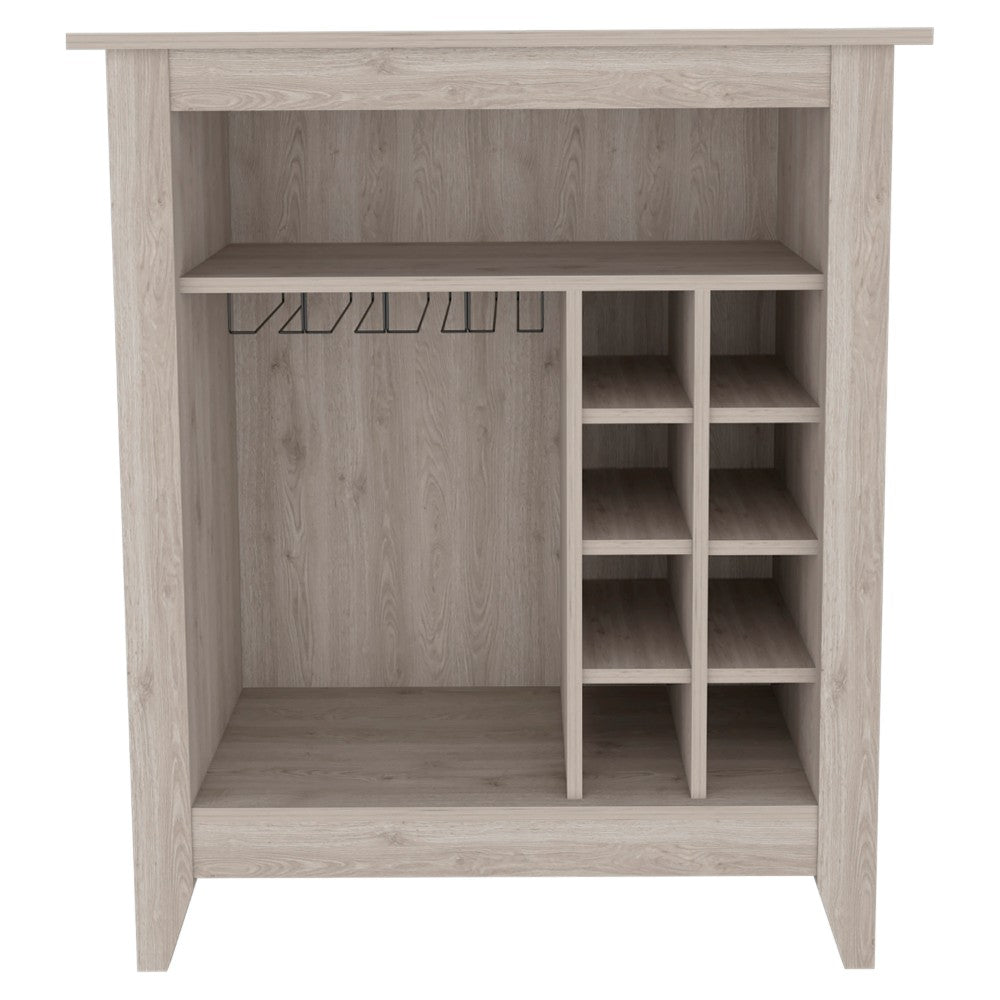 Bar Cabinet Castle, One Open Shelf, Six Wine Cubbies, Light Gray