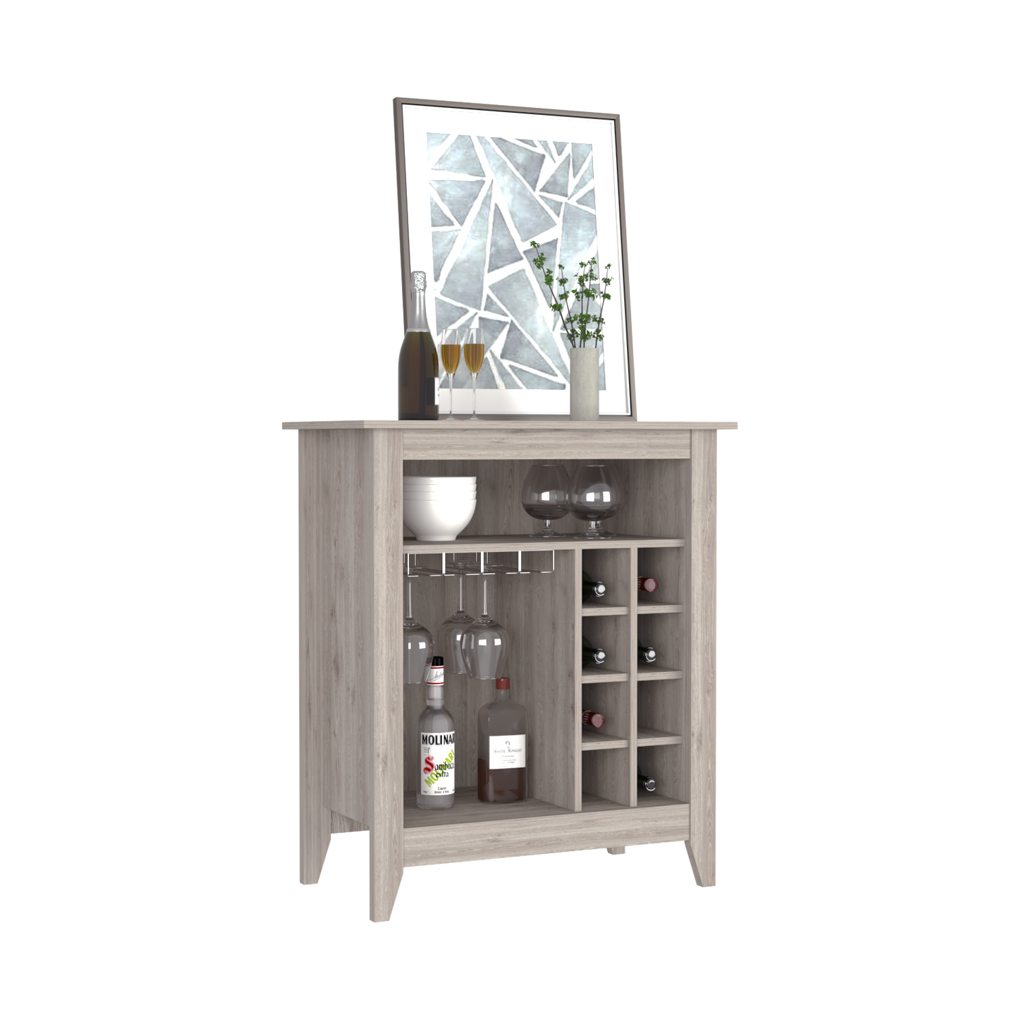 Bar Cabinet Castle, One Open Shelf, Six Wine Cubbies, Light Gray