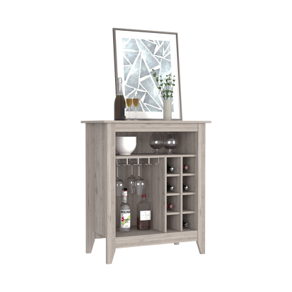 Bar Cabinet Castle, One Open Shelf, Six Wine Cubbies, Light Gray