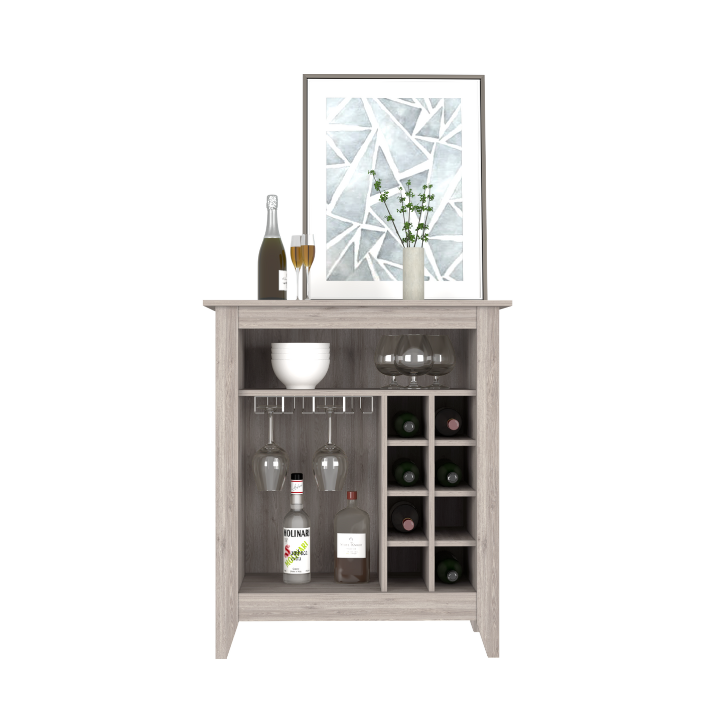 Bar Cabinet Castle, One Open Shelf, Six Wine Cubbies, Light Gray