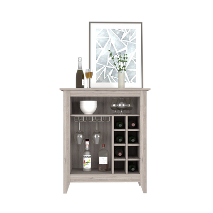 Bar Cabinet Castle, One Open Shelf, Six Wine Cubbies, Light Gray