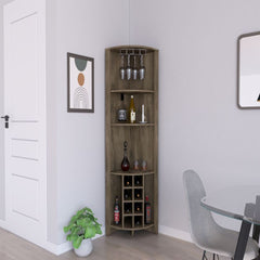 Corner Bar Cabinet  Castle, Three Shelves, Eight Wine Cubbies, Dark