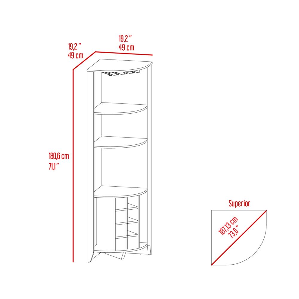 Corner Bar Cabinet Castle, Three Shelves, Eight Wine Cubbies, Dark.