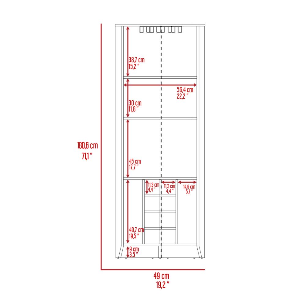 Corner Bar Cabinet Castle, Three Shelves, Eight Wine Cubbies, Dark.