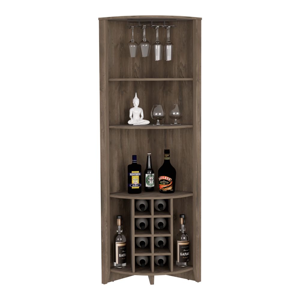 Corner Bar Cabinet Castle, Three Shelves, Eight Wine Cubbies, Dark.