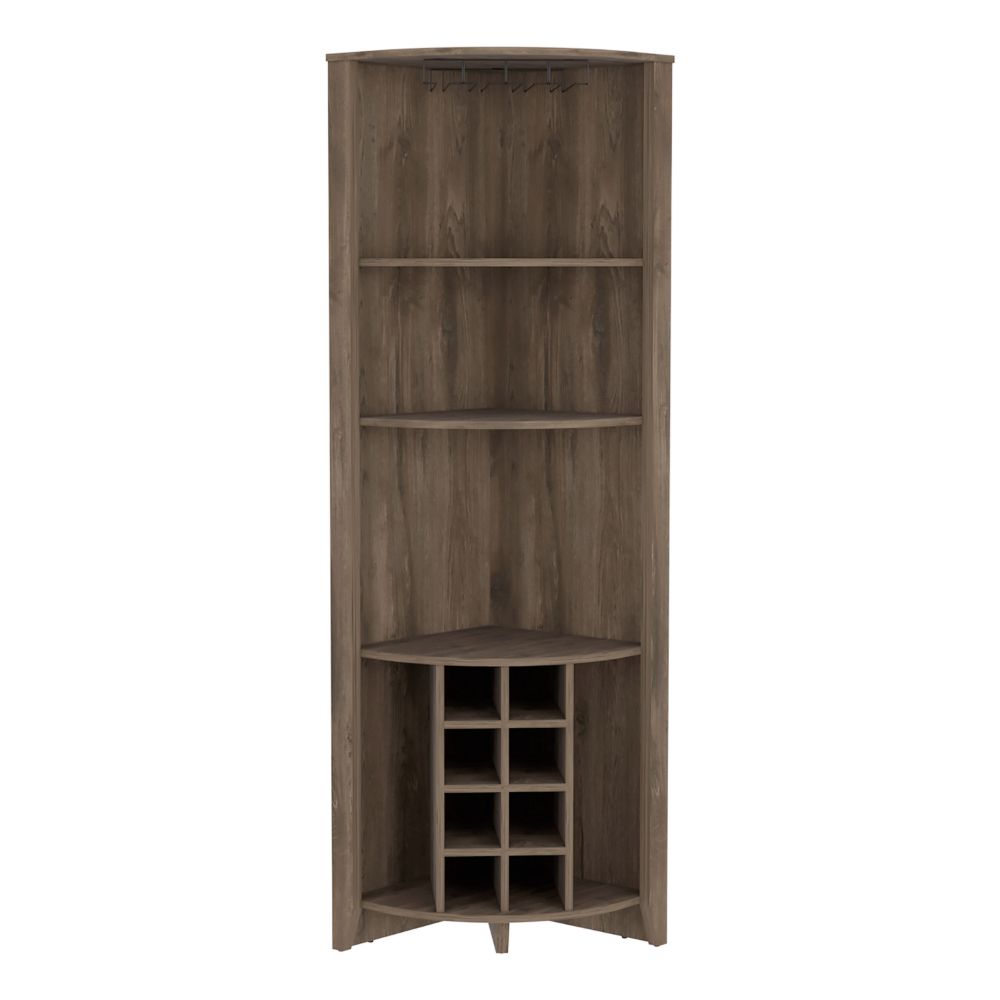 Corner Bar Cabinet Castle, Three Shelves, Eight Wine Cubbies, Dark.