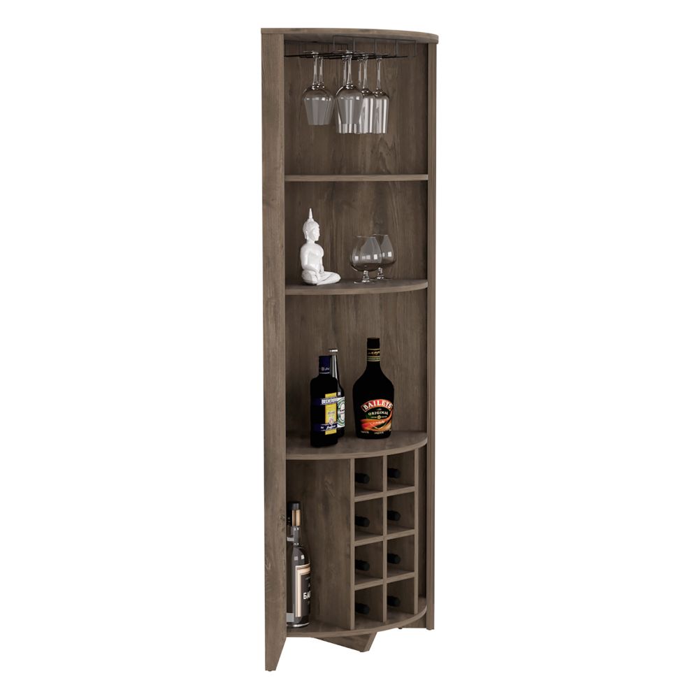 Corner Bar Cabinet Castle, Three Shelves, Eight Wine Cubbies, Dark.