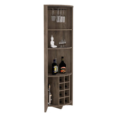 Corner Bar Cabinet  Castle, Three Shelves, Eight Wine Cubbies, Dark