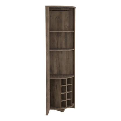 Corner Bar Cabinet Castle, Three Shelves, Eight Wine Cubbies, Dark.