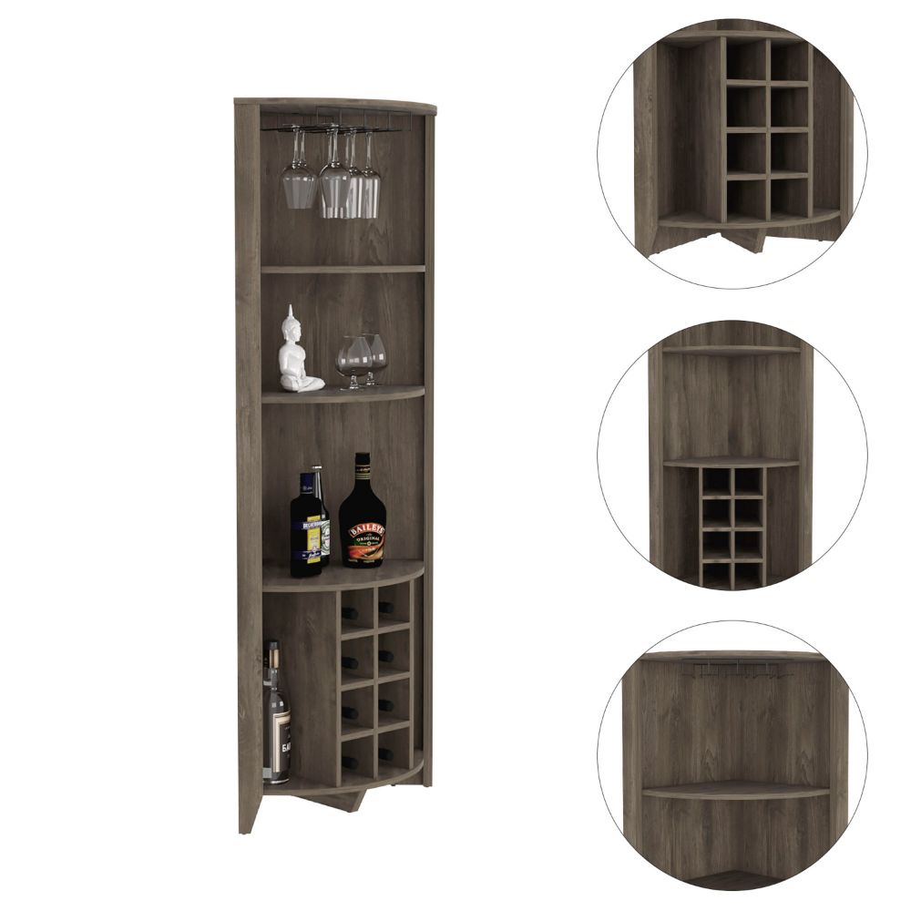 Corner Bar Cabinet Castle, Three Shelves, Eight Wine Cubbies, Dark.