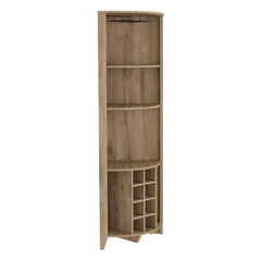 Corner Bar Cabinet  Castle, Three Shelves, Eight Wine Cubbies, Aged