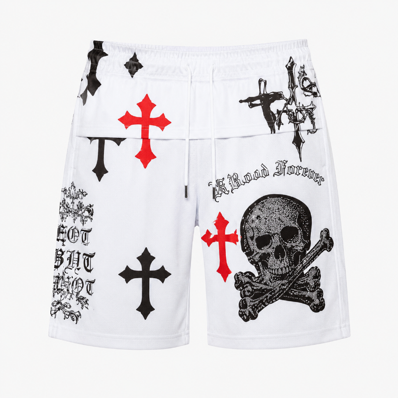 Men's Skull Print Shorts with Crosses by Ride or Die