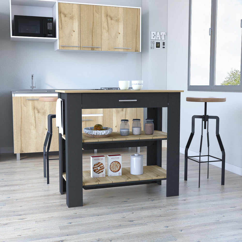 Kitchen Island 40 Inches Dozza, Two Shelves, Black Wengue / Light Oak