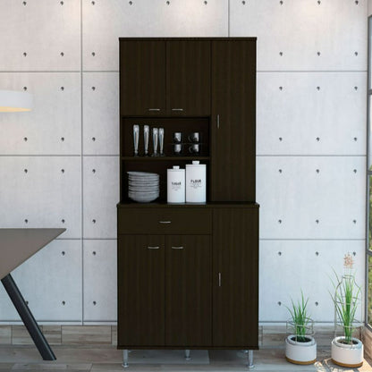 Kitchen Pantry, Double Door Cabinet, Black Wengue Finish