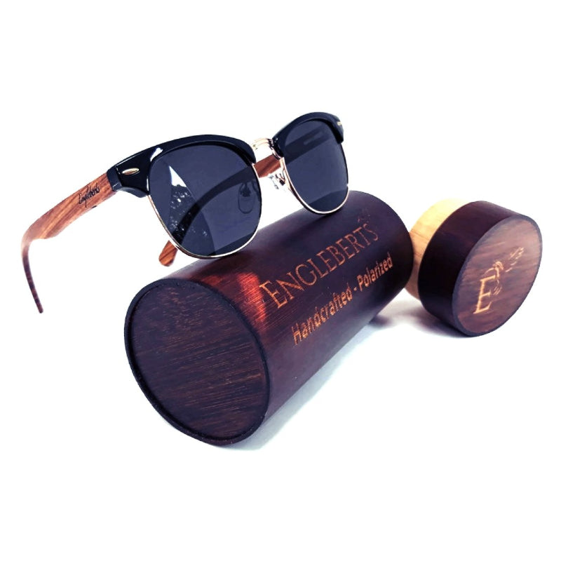 Gafas de sol estilo club de madera de nogal auténtica con estuche de bambú, polarizadas
