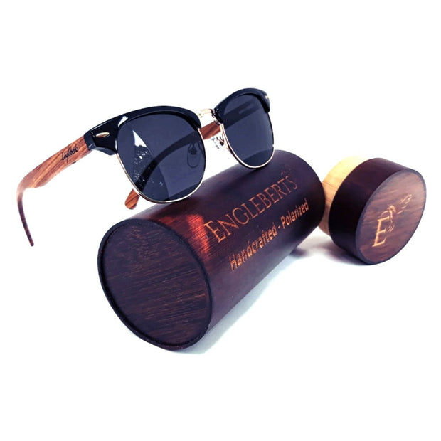 Gafas de sol estilo club de madera de nogal auténtica con estuche de bambú, polarizadas