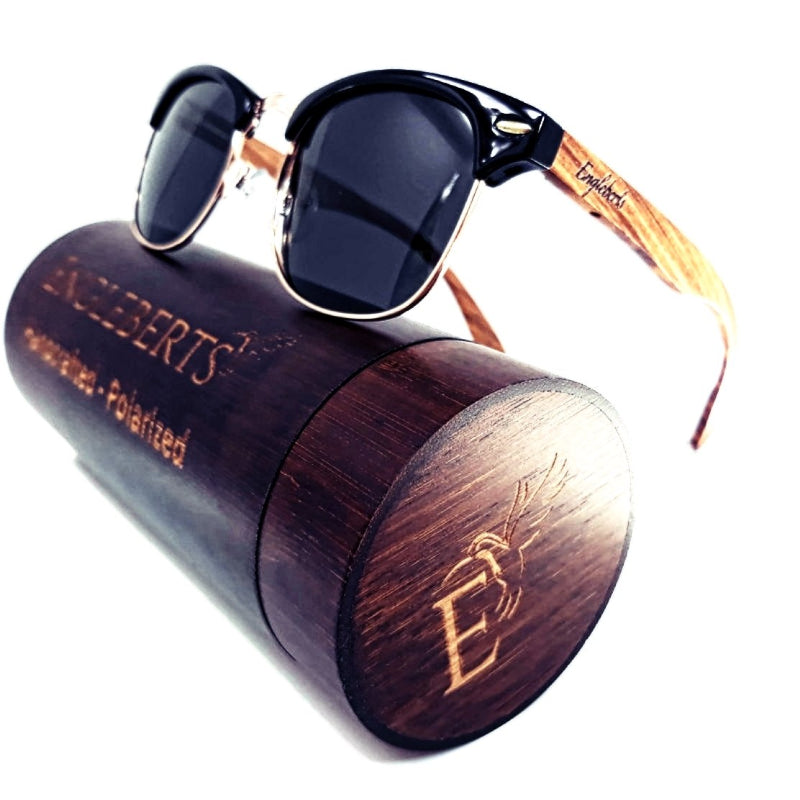 Gafas de sol estilo club de madera de nogal auténtica con estuche de bambú, polarizadas