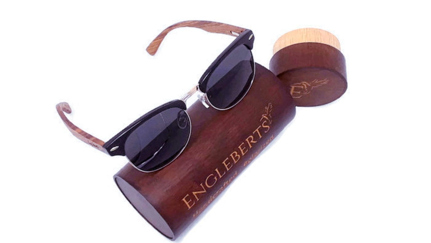 Gafas de sol estilo club de madera de nogal auténtica con estuche de bambú, polarizadas