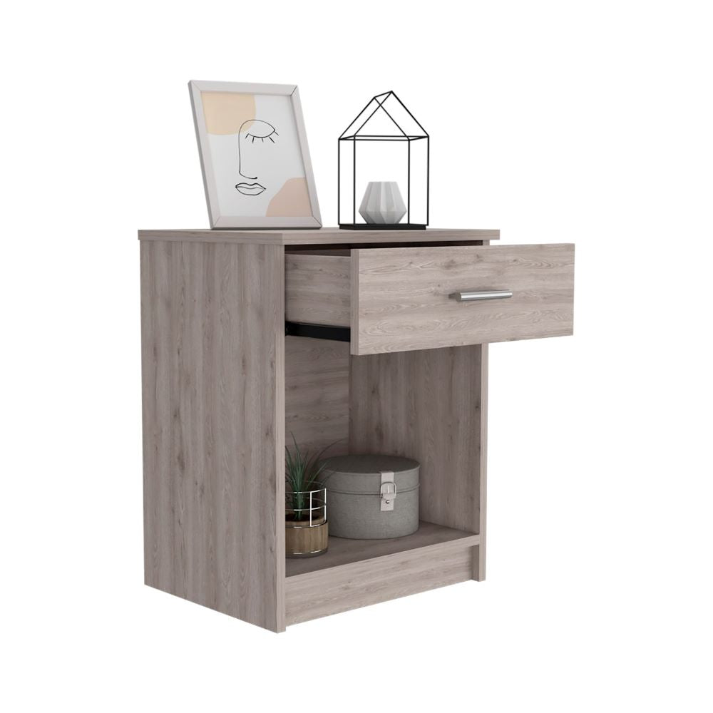 Nightstand, Single Drawer, Lower Shelf, Light Gray Finish