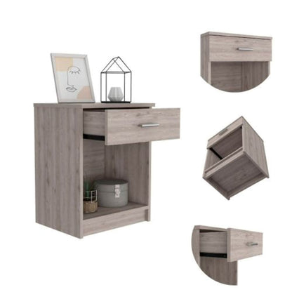 Nightstand, Single Drawer, Lower Shelf, Light Gray Finish