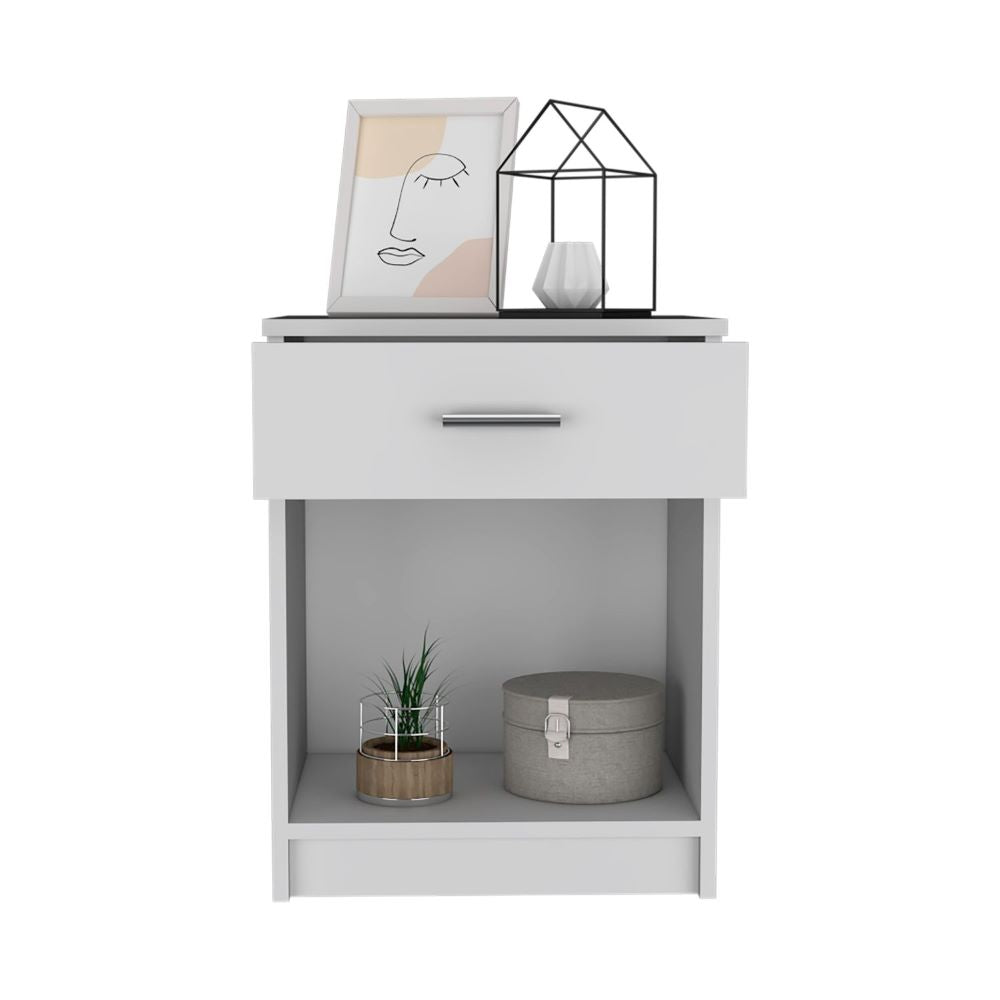 Nightstand, Single Drawer, Lower Shelf, White Finish.