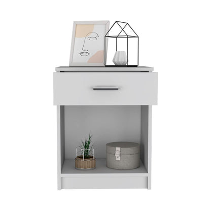 Nightstand, Single Drawer, Lower Shelf, White Finish.