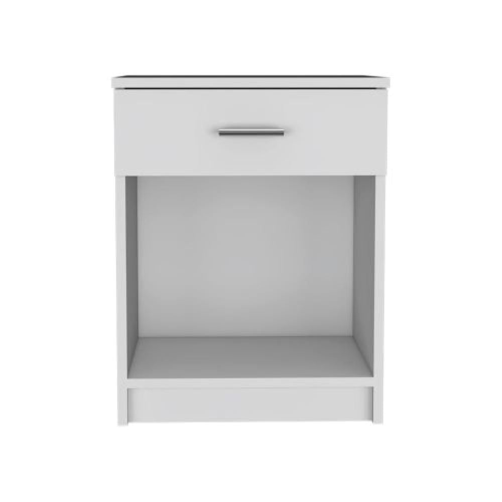 Nightstand, Single Drawer, Lower Shelf, White Finish.