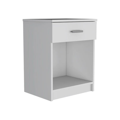 Nightstand, Single Drawer, Lower Shelf, White Finish.