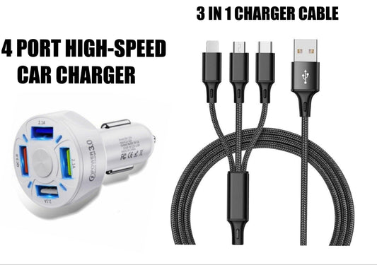 4 Port LED Car Charger + 3 in 1 Cable Combo Black