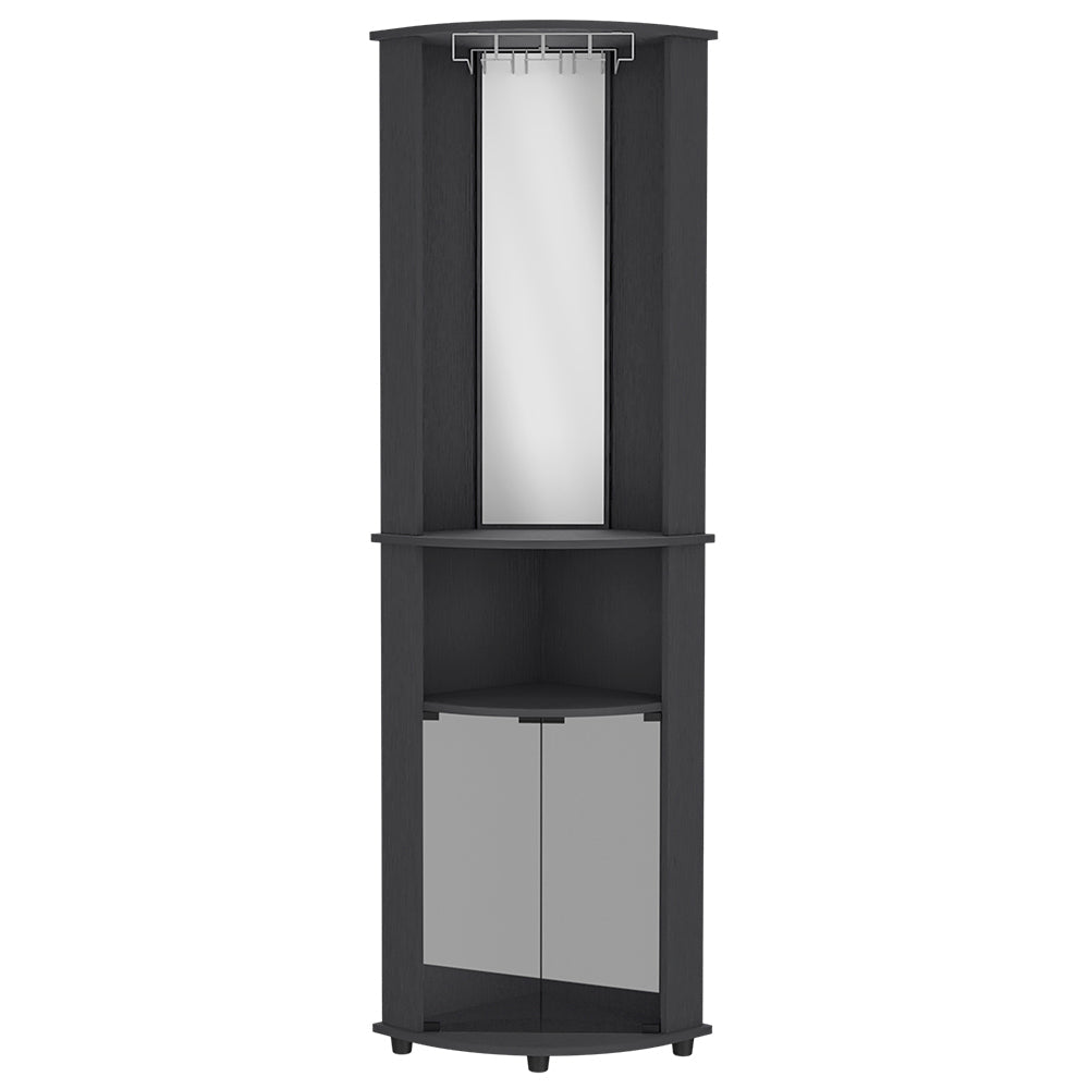 Corner Bar Cabinet, Three Shelves, Black Wengue Finish.