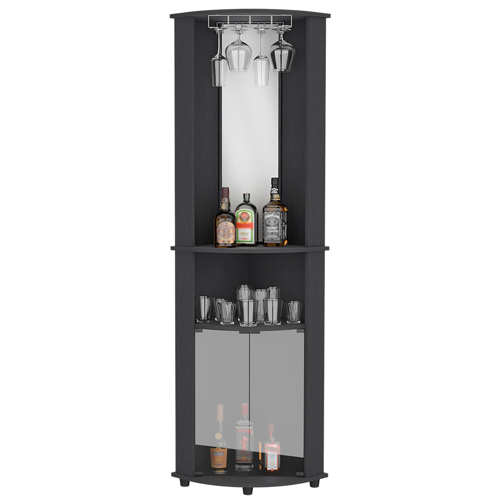 Corner Bar Cabinet, Three Shelves, Black Wengue Finish.