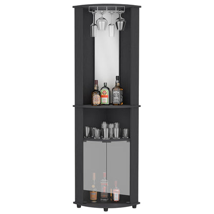 Corner Bar Cabinet, Three Shelves, Black Wengue Finish.