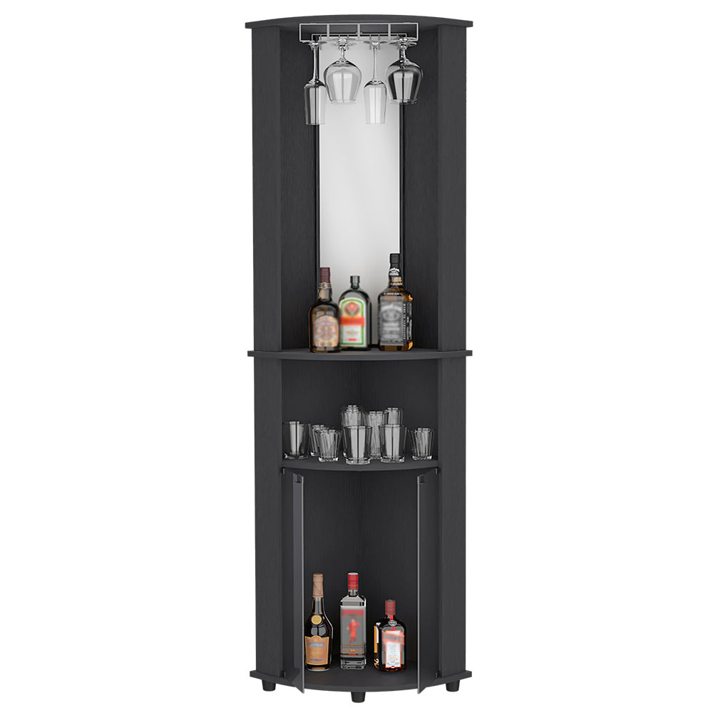 Corner Bar Cabinet, Three Shelves, Black Wengue Finish.