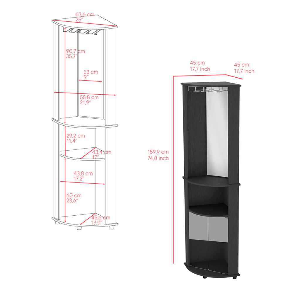 Corner Bar Cabinet, Three Shelves, Black Wengue Finish.