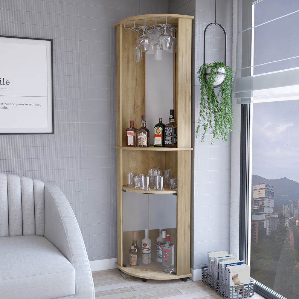 Corner Bar Cabinet, Three Shelves, Macadamia Finish.