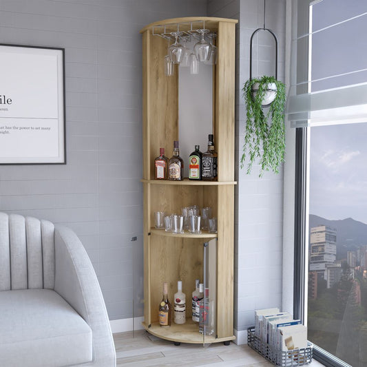 Corner Bar Cabinet, Three Shelves, Macadamia Finish.