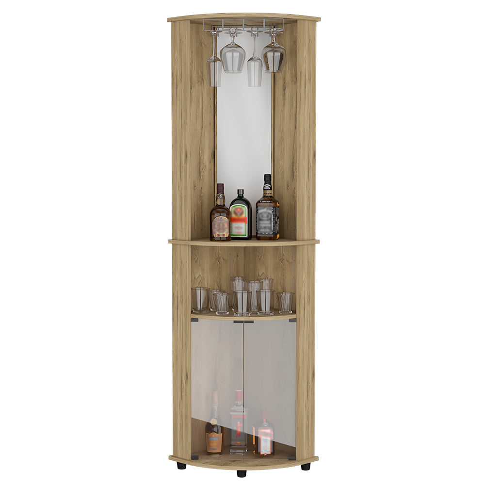 Corner Bar Cabinet, Three Shelves, Macadamia Finish.