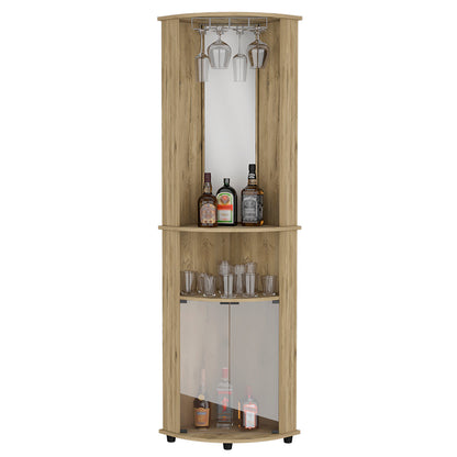 Corner Bar Cabinet, Three Shelves, Macadamia Finish.