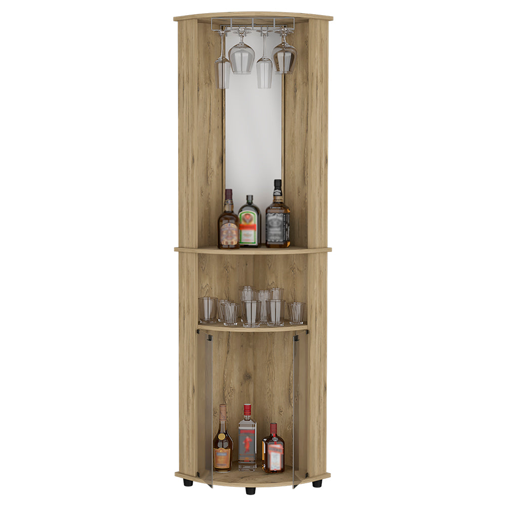 Corner Bar Cabinet, Three Shelves, Macadamia Finish.