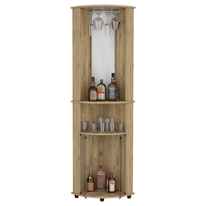 Corner Bar Cabinet, Three Shelves, Macadamia Finish.