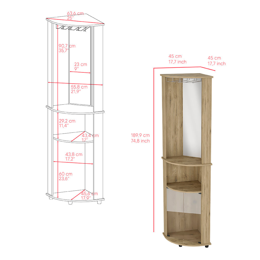 Corner Bar Cabinet, Three Shelves, Macadamia Finish.