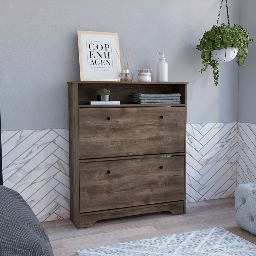 Shoe Rack, One Open Shelf, Two Extendable Cabinets, Dark Brown.