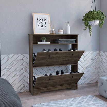 Shoe Rack, One Open Shelf, Two Extendable Cabinets, Dark Brown.