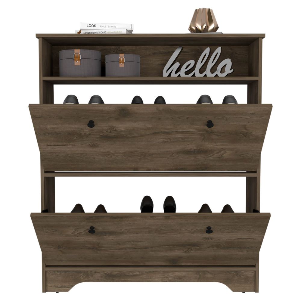 Shoe Rack, One Open Shelf, Two Extendable Cabinets, Dark Brown.