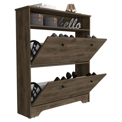 Shoe Rack, One Open Shelf, Two Extendable Cabinets, Dark Brown.