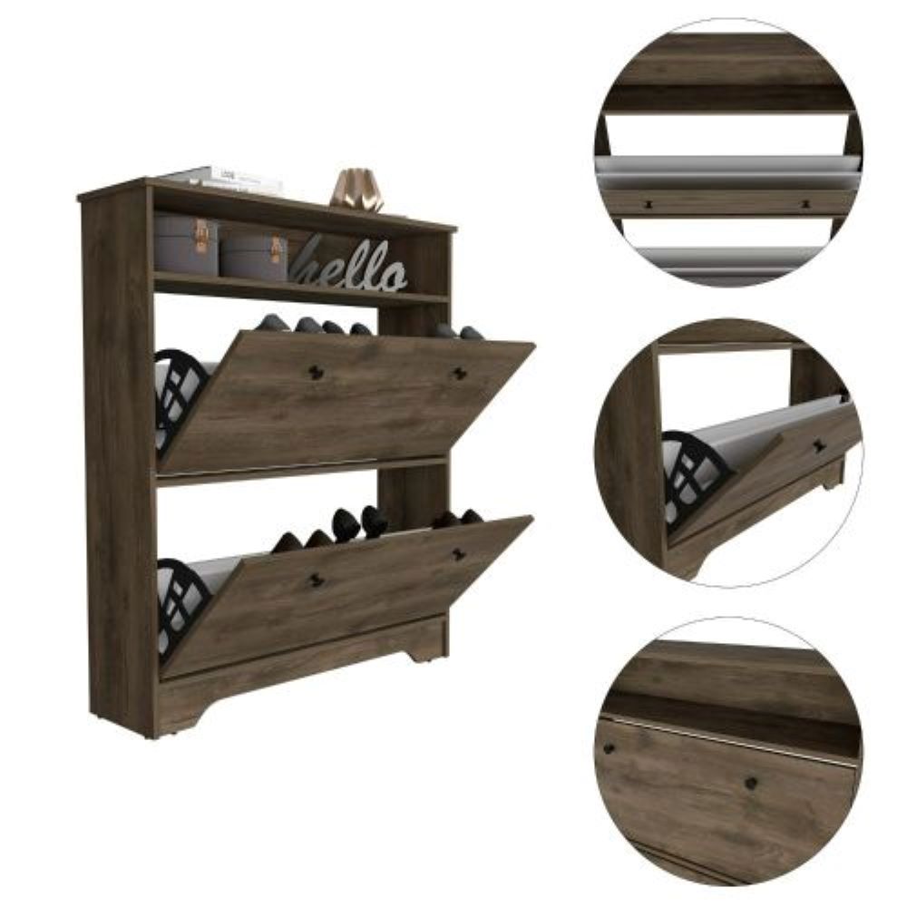 Shoe Rack, One Open Shelf, Two Extendable Cabinets, Dark Brown.